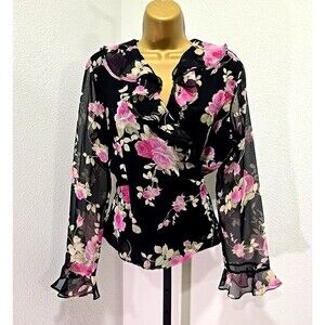 Victoria Holley Fairy Goth Dark Romance Floral Sheer Black Wrap Top Womens Sz 12